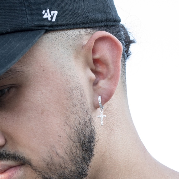 Mens Silver Dangle Huggie Hoop Earrings For Men - Picture 4 of 4